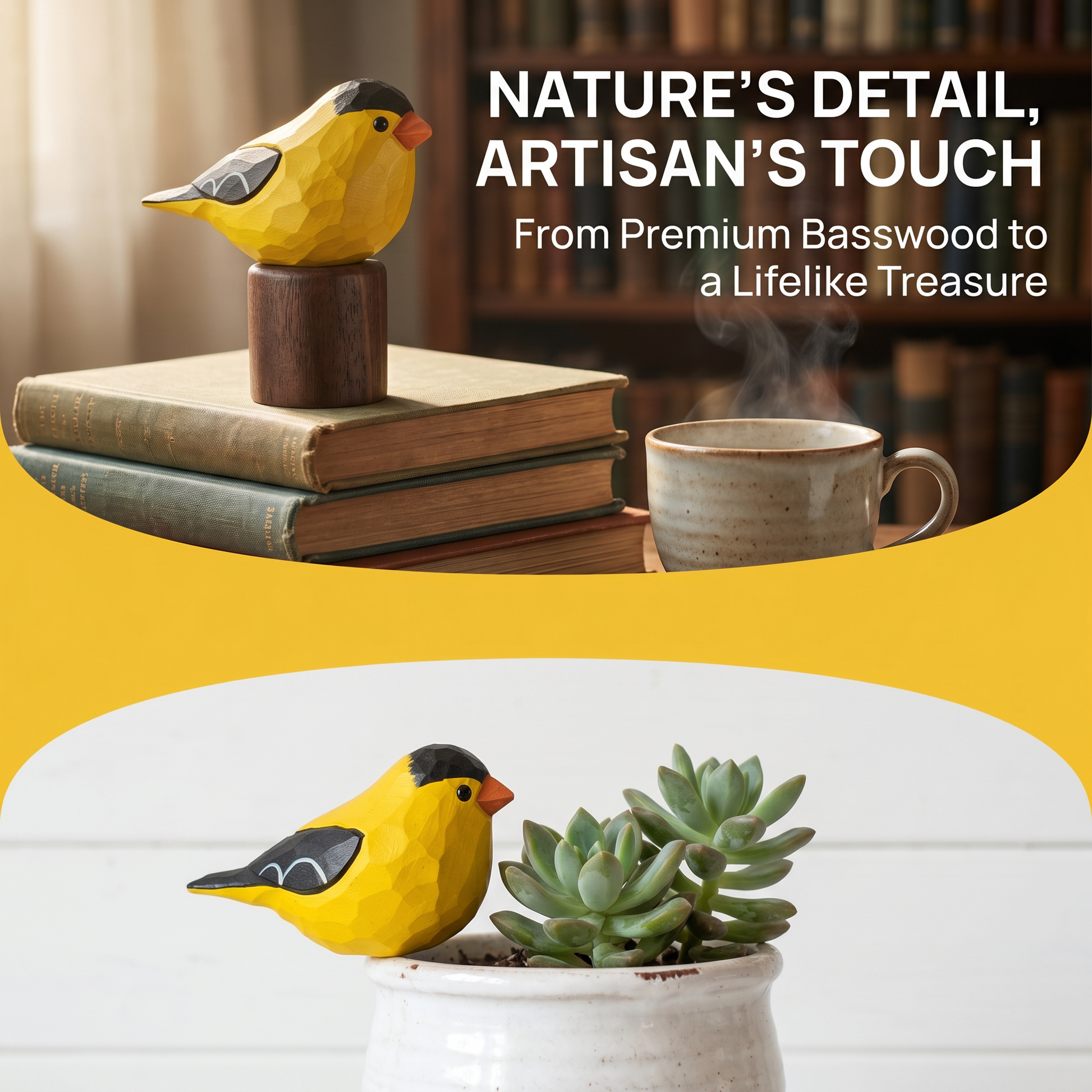 Promotional graphic showing a hand-painted American Goldfinch wood figurine on books and next to a succulent plant.
