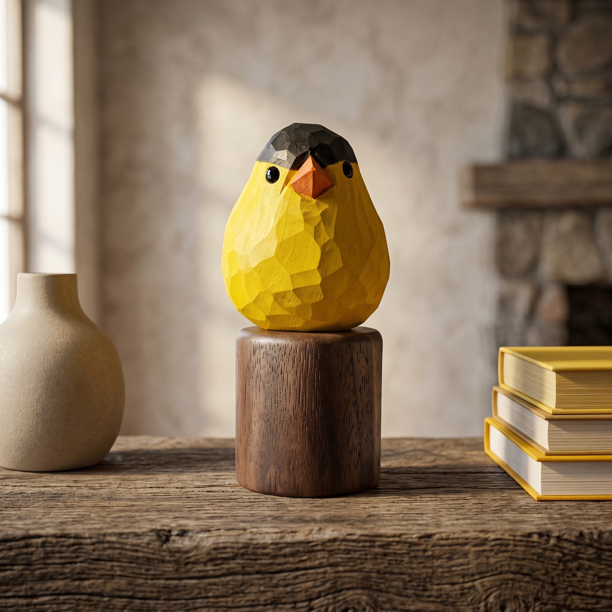 Hand-painted wooden American Goldfinch figurine on a black walnut base, styled on a rustic desk with books and a vase.
