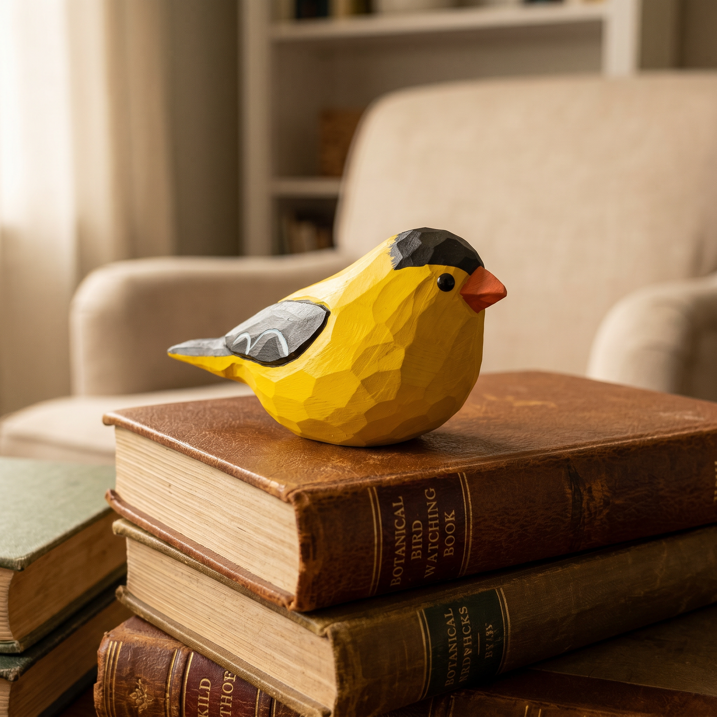 Hand-painted wooden American Goldfinch figurine resting on a vintage book, showcasing detailed yellow plumage and black cap.