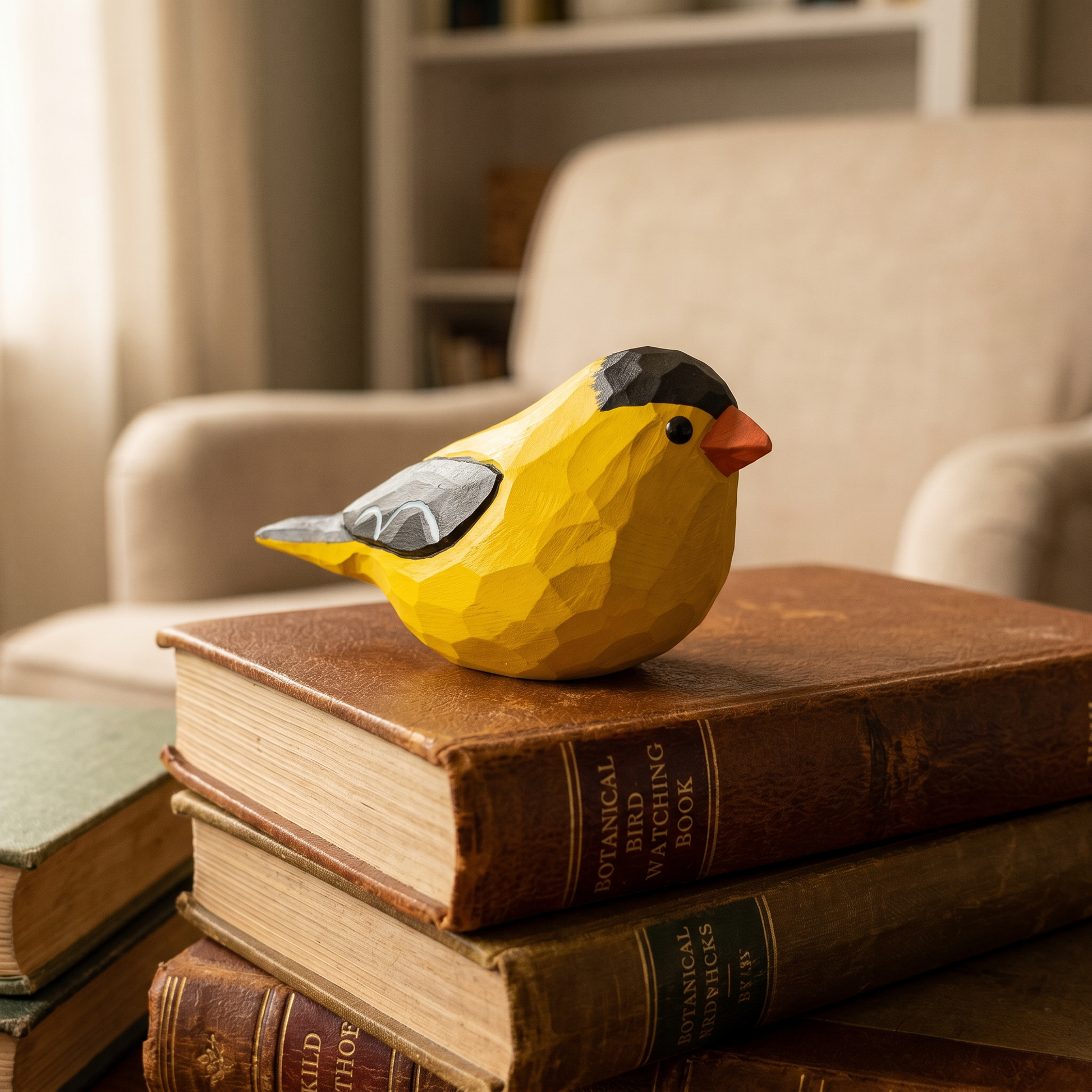 Hand-painted wooden American Goldfinch figurine resting on a vintage book, showcasing detailed yellow plumage and black cap.