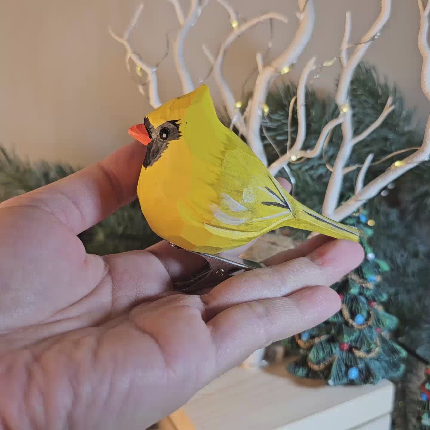 Cardinal Yellow Clip-on Bird Ornament - Displayed on Tree