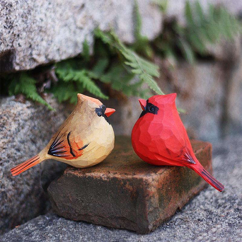 Northern Cardinal Couple Bird Figurine Hand Carved Painted Wooden (Female + Male) - paintedbird.shop