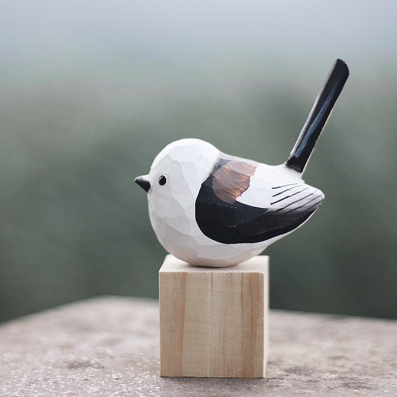 Long-tailed-Tit-V2 Wooden Bird Figurine Hand Carved Painted