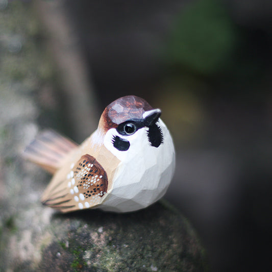 Sparrow Wooden Bird Figurine Hand Carved Painted