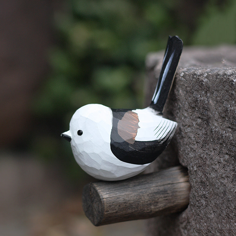 Long-tailed-Tit-V2 Wooden Bird Figurine Hand Carved Painted