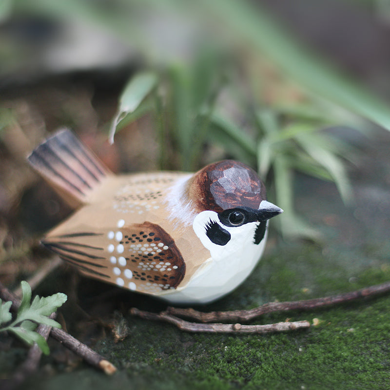 Sparrow Wooden Bird Figurine Hand Carved Painted