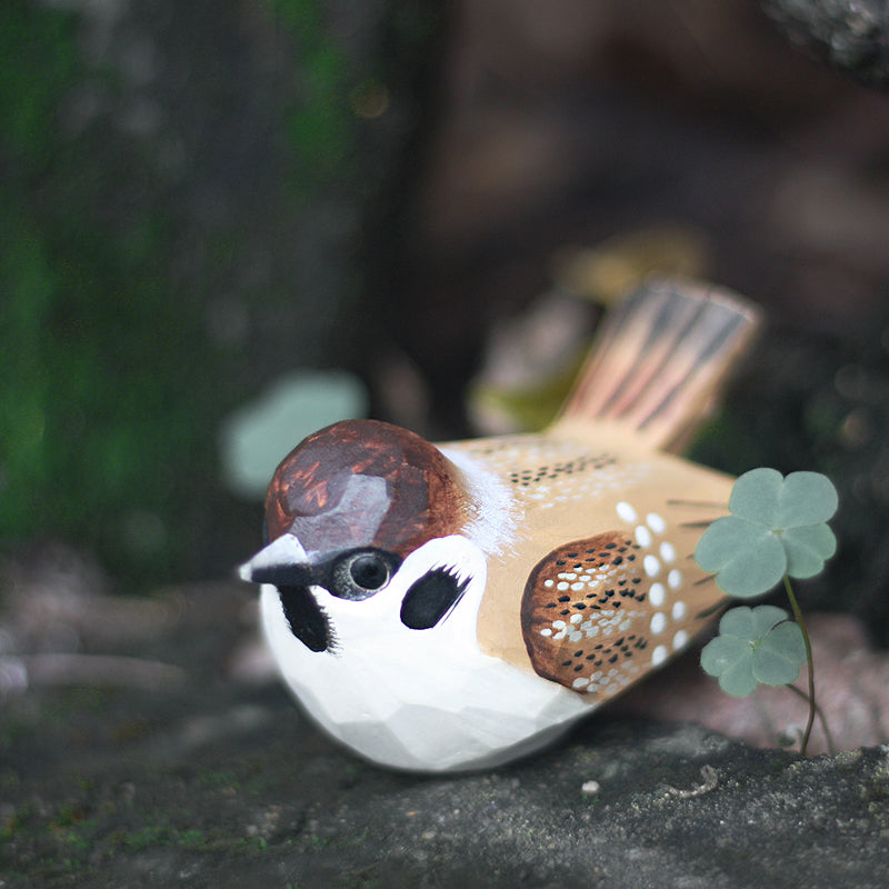 Sparrow Wooden Bird Figurine Hand Carved Painted