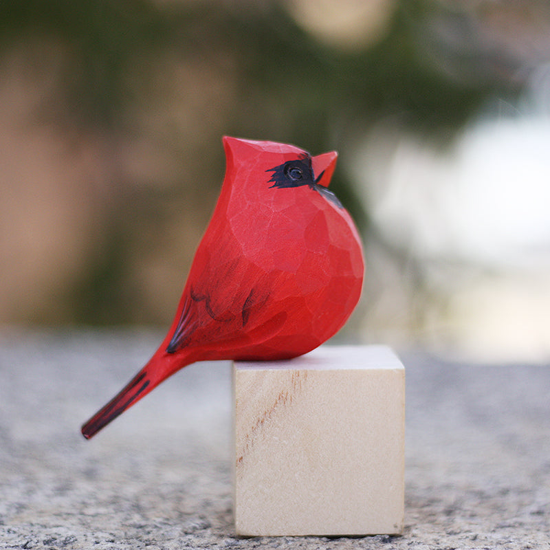 Female Northern Cardinal Bird Figurine Hand Carved Painted Wooden