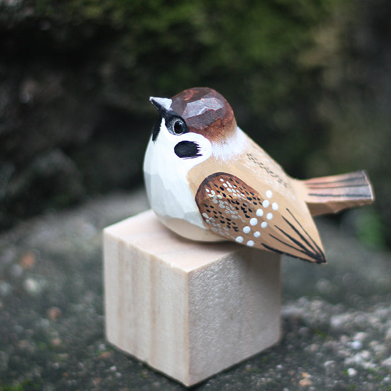Sparrow Wooden Bird Figurine Hand Carved Painted