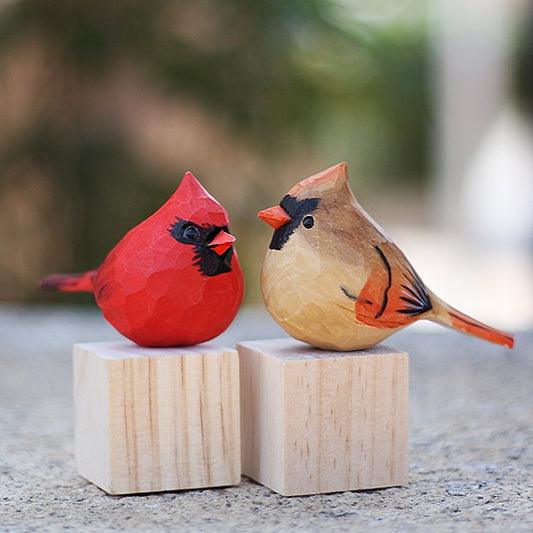 Northern Cardinal Couple Bird Figurine Hand Carved Painted Wooden (Female + Male) - paintedbird.shop