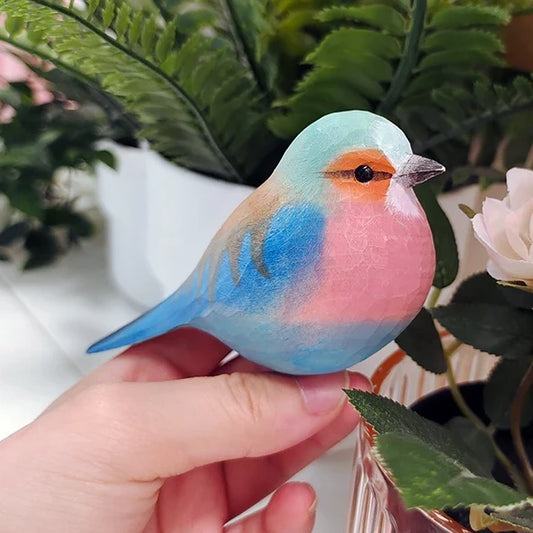 Figurine d'oiseau sculptée et peinte à la main, rouleau à poitrine lilas