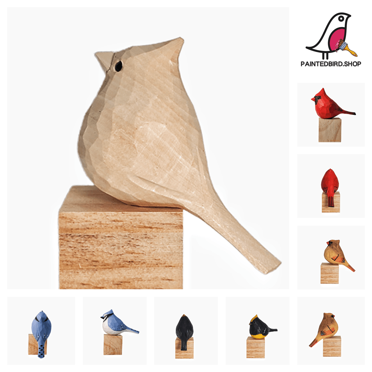 E008 Unfinished Wood Bird Hand Carved - paintedbird.shop