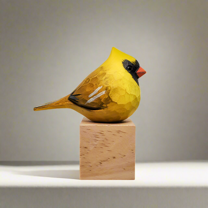 Golden Cardinal Bird Figurine Hand Carved and Painted Decor