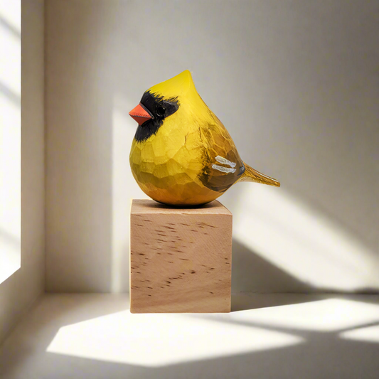 Golden Cardinal Bird Figurine Hand Carved and Painted Decor