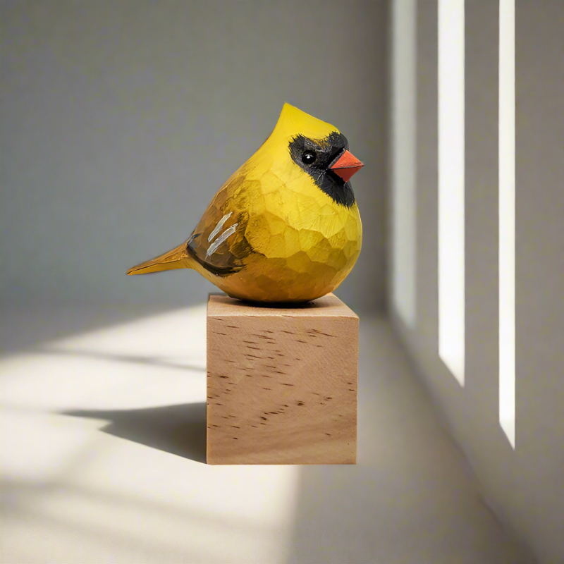 Golden Cardinal Bird Figurine Hand Carved and Painted Decor