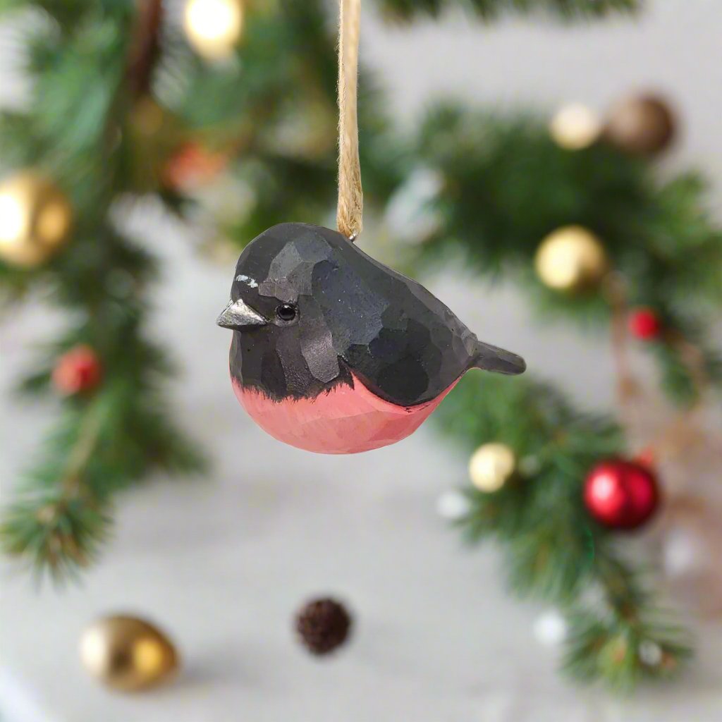 Pink Robin Carved and Painted Wooden Bird Ornaments