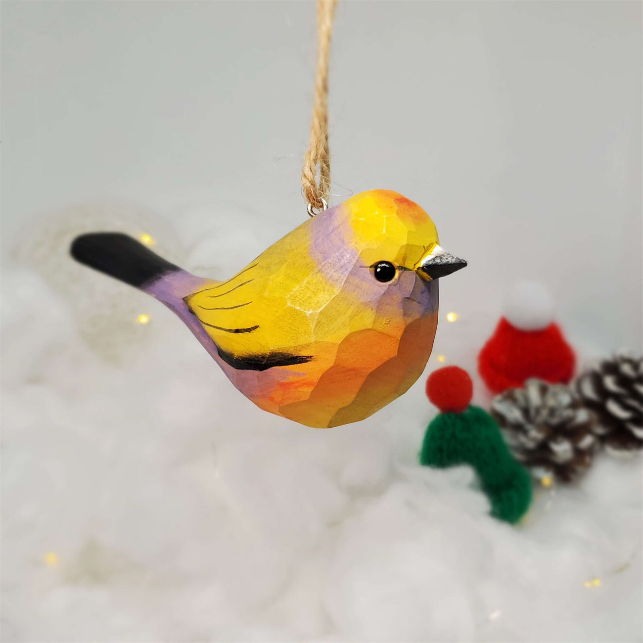 White-Browed Tit-warbler Carved and Painted Wooden Bird Ornaments