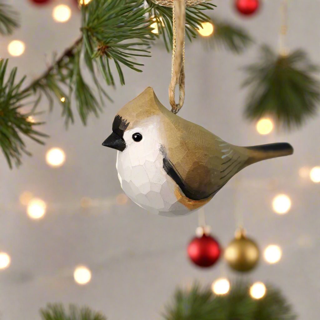 Tufted Titmouse Carved and Painted Wooden Bird Ornaments