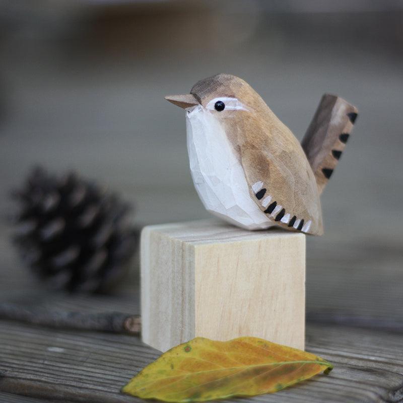 Winter Wren Bird Figurine Hand Carved Painted Wooden - paintedbird.shop