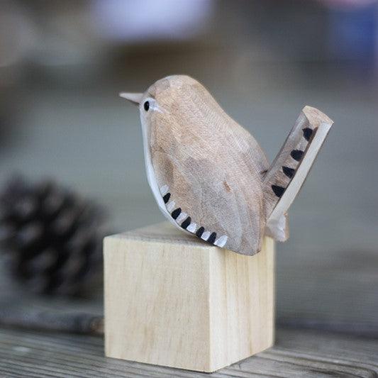 Winter Wren Bird Figurine Hand Carved Painted Wooden - paintedbird.shop