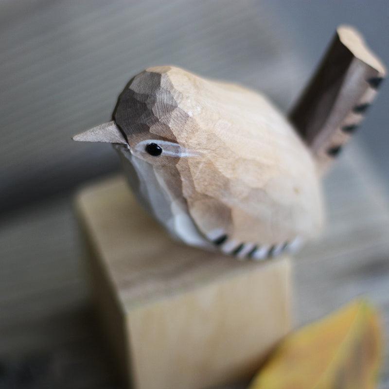 Winter Wren Bird Figurine Hand Carved Painted Wooden - paintedbird.shop