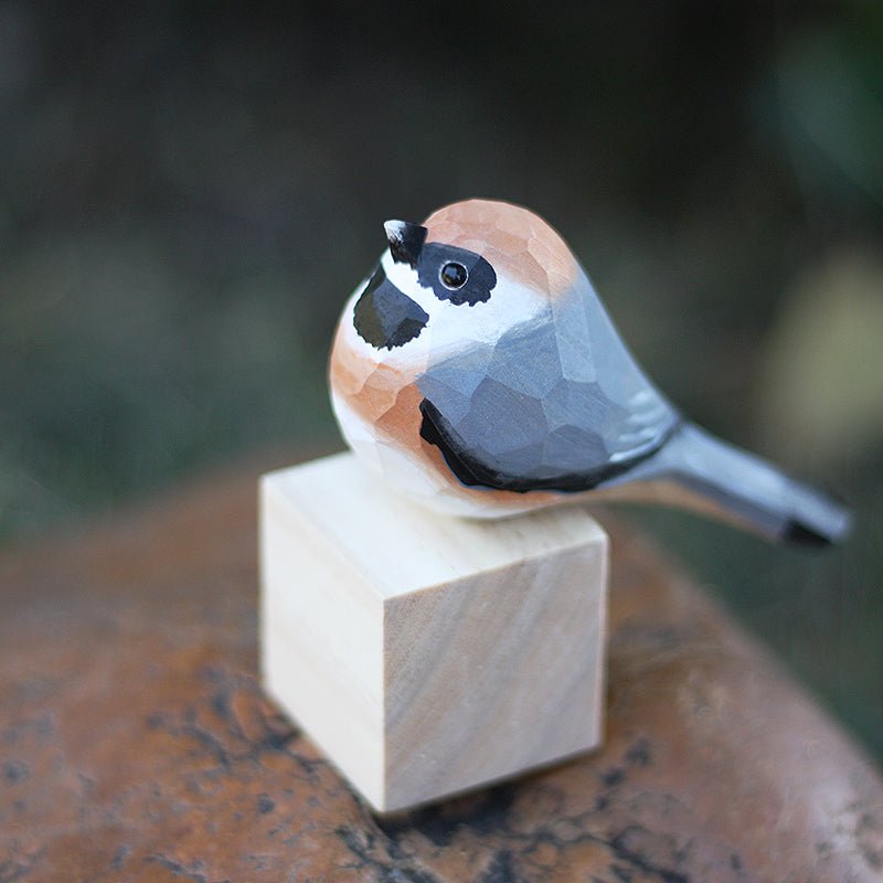 Black-Throated-Bushtit Bird Wooden Figurine Hand Carved Painted - PAINTED BIRD SHOP