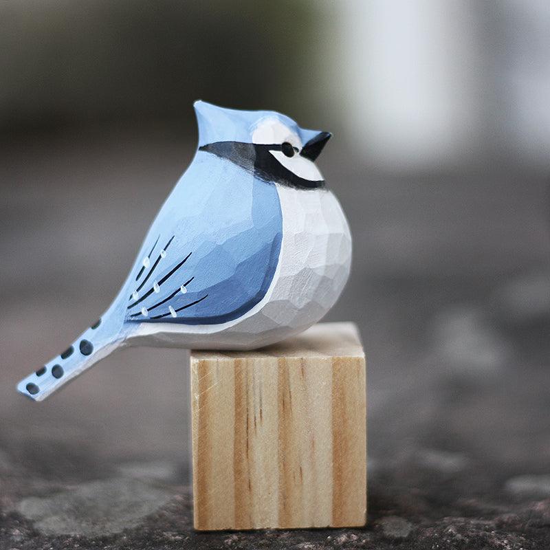 Blue Jay Bird Figurine Hand Carved Painted Wooden Decor - PAINTED BIRD SHOP