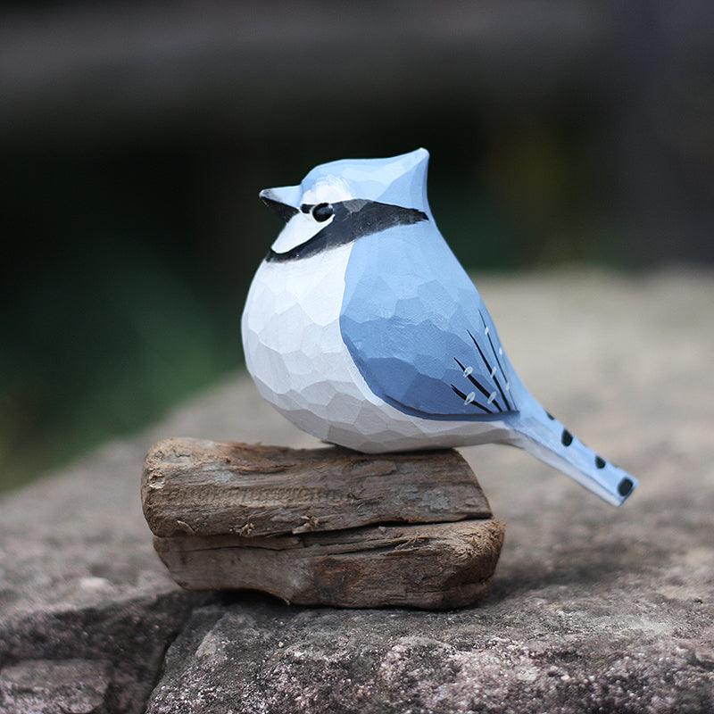 Blue Jay Bird Figurine Hand Carved Painted Wooden Decor - PAINTED BIRD SHOP