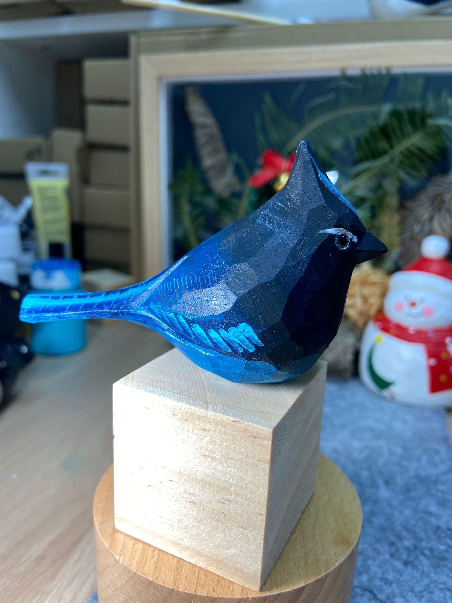 Steller's jay Bird Figurine Hand Carved Painted Wooden - paintedbird.shop