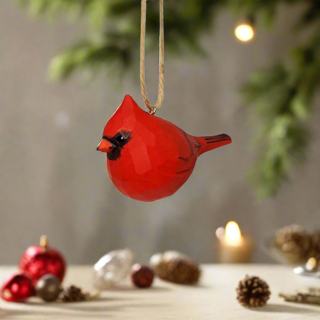 Cardinal Bird Ornaments Carved and Painted Wooden Bird Hanging - PAINTED BIRD SHOP