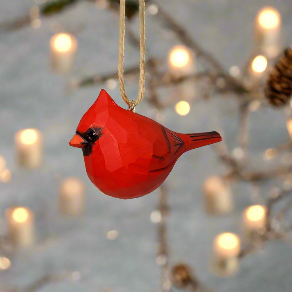 Cardinal Bird Ornaments Carved and Painted Wooden Bird Hanging - PAINTED BIRD SHOP