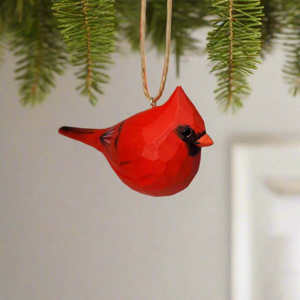 Cardinal Bird Ornaments Carved and Painted Wooden Bird Hanging - PAINTED BIRD SHOP