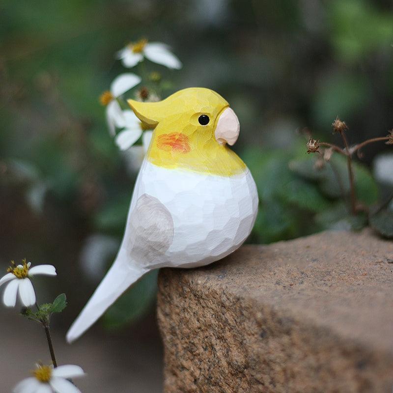 Cockatiel Couple Figurine Hand Carved Painted Wooden (White + Gray) - PAINTED BIRD SHOP