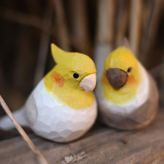 Cockatiel Couple Figurine Hand Carved Painted Wooden (White + Gray) - PAINTED BIRD SHOP